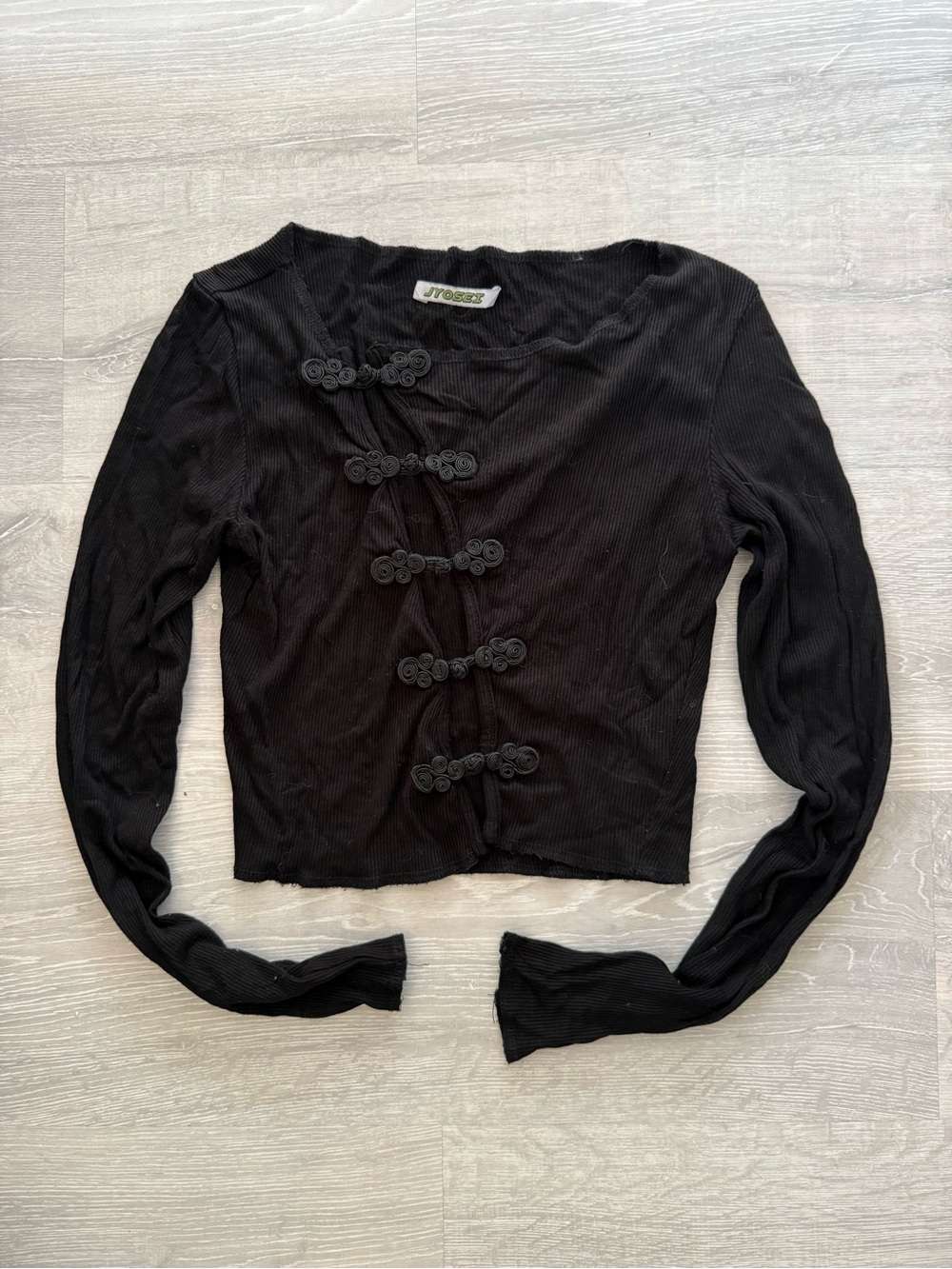 Women’s Black Long Sleeve Top with Decorative Frog Closures